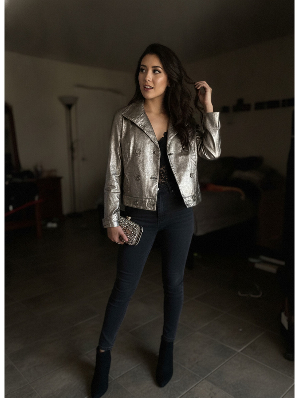 Vintage Y2K Spiegel Metallic Gold Genuine Leather Cropped Jacket 12